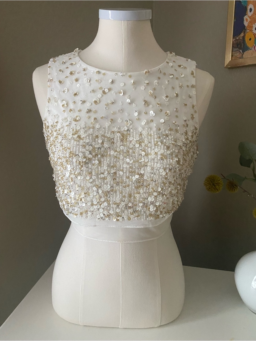 Avery White & Gold Sequin Cropped Tank